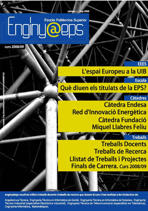 Portada amb imatge d'estructura tubular metàl·lica acompanyada del text: "L'espai europeu a la UIB. Qué diuen els titulars de l'EPS. Càtedres i Treballs".